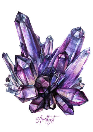 Watercolor Illustration of Amethyst Druse Isolated on White. Detailed Realistic Painting of Purple Healing Crystal. Drawing of Precious Stone Violet Gem Quartz. Purple Colored Gemstone for Jewelry.の写真素材