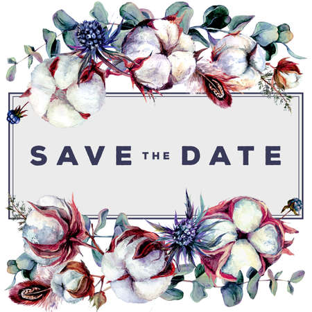 Watercolor Floral Invitation made of Cotton Plant, Blue Thistle, Silver Eucalyptus and Feathers. Wedding Decoration In Boho Style. Scandinavian Botanical Design Frame.の写真素材