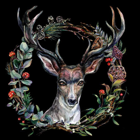 Scandinavian Style Watercolor Illustration of Deer Head in the Forest Wreath. Ready-made Boho Design For T-shirt Print, Poster, Postcard. Antlers and Greenery Isolated on Black.の写真素材