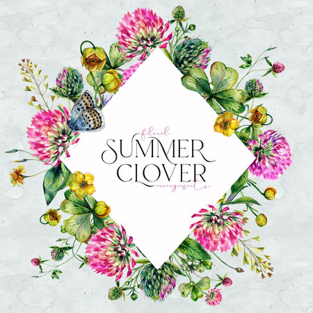 Watercolor Floral Frame made of Wildflowers, Clover Flowers and Leaves, Greenery, Meadow Grass Isolated on White. Spring Botanical Card Design in Vintage Style. Rustic Wedding Arrangement Invitation.の写真素材