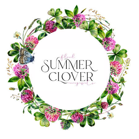 Watercolor Floral Frame made of Wildflowers, Clover Flowers and Leaves, Greenery, Meadow Grass Isolated on White. Spring Botanical Card Design in Vintage Style. Rustic Wedding Arrangement Invitation.の写真素材