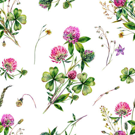Watercolor Floral Frame made of Wildflowers, Clover Flowers and Leaves, Greenery, Meadow Grass Isolated on White. Spring Botanical Card Design in Vintage Style. Rustic Wedding Arrangement Invitation.の写真素材