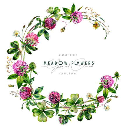 Watercolor Floral Frame made of Wildflowers, Clover Flowers and Leaves, Greenery, Meadow Grass Isolated on White. Spring Botanical Card Design in Vintage Style. Rustic Wedding Arrangement Invitation.の写真素材