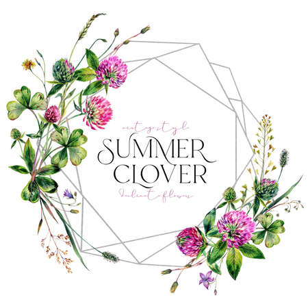 Watercolor Floral Frame made of Wildflowers, Clover Flowers and Leaves, Greenery, Meadow Grass Isolated on White. Spring Botanical Card Design in Vintage Style. Rustic Wedding Arrangement Invitation.の写真素材