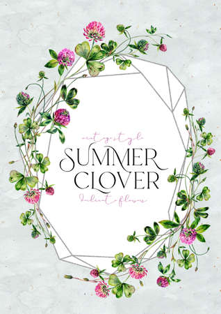 Watercolor Floral Frame made of Wildflowers, Clover Flowers and Leaves, Greenery, Meadow Grass Isolated on White. Spring Botanical Card Design in Vintage Style. Rustic Wedding Arrangement Invitation.の写真素材