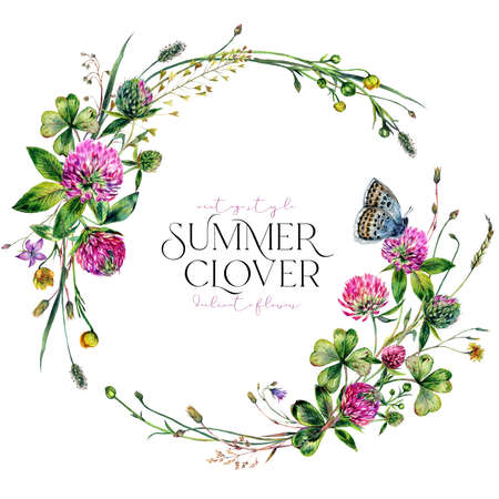Watercolor Floral Frame made of Wildflowers, Clover Flowers and Leaves, Greenery, Meadow Grass Isolated on White. Spring Botanical Card Design in Vintage Style. Rustic Wedding Arrangement Invitation.の写真素材
