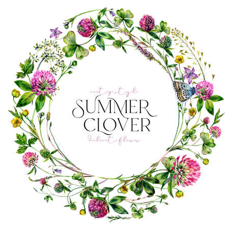 Watercolor Wildflower Wreath made of Clover Flowers and Leaves. Meadow Flowers Floral Frame Isolated on White. Spring Botanical Decoration in Vintage Style. Rustic Wedding Arrangement Invitation.の写真素材