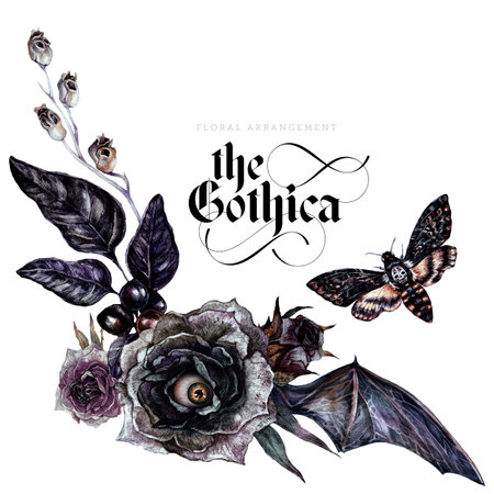 Watercolor Floral Gothic Arrangement Isolated on White Background. Halloween Botanical Illustration in Vintage Style. Gothic Dark Wedding Decoration. Bouquet of Ash Roses, Bat Wings, Evil Eye, Moth.の写真素材