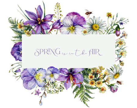 Hand Drawn Watercolor Floral Heart Decoration Isolated on White. Spring Flowers Arrangement in Vintage Style. Wildflowers Wreath Card Design. Valentine Floral Frame.のイラスト素材