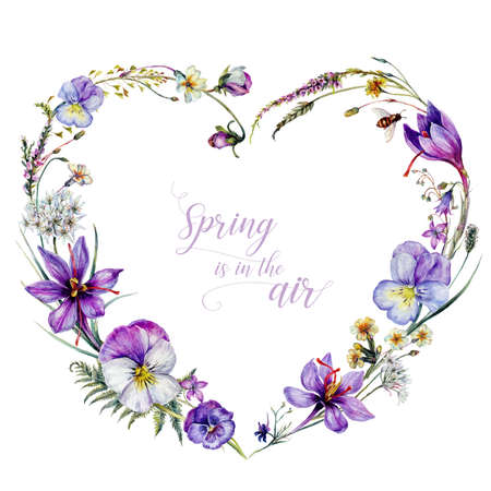 Hand Drawn Watercolor Floral Heart Decoration Isolated on White. Spring Flowers Arrangement in Vintage Style. Wildflowers Wreath Card Design. Valentine Floral Frame.の写真素材