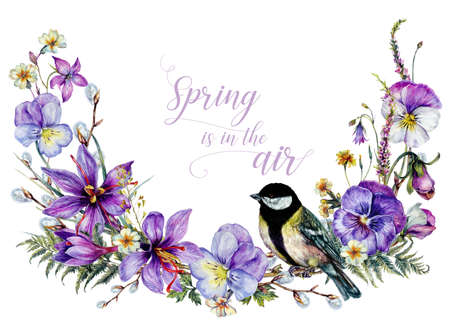 Hand Drawn Watercolor Floral Decoration Isolated on White. Spring Flowers Arrangement in Vintage Style. Wildflower Design. Floral Wreath Card.の写真素材