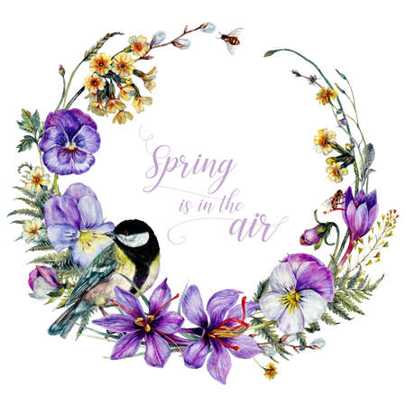 Hand Drawn Watercolor Floral Decoration Isolated on White. Spring Flowers Arrangement in Vintage Style. Wildflower Design. Floral Wreath Card.の写真素材