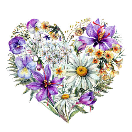 Hand Drawn Watercolor Floral Decoration Isolated on White. Spring Flowers Arrangement in Vintage Style. Wildflower Design. Floral Heart Card.の写真素材