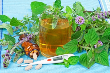 Herbal tea with sage and mentha and organic pillsの写真素材