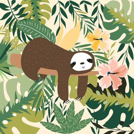 Cute baby sloth sleeping among greenery. Summer print with funny sloth and throne of tropical leaves. Vector illustrationのイラスト素材