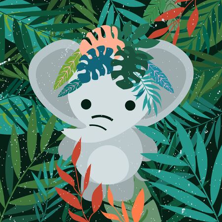 baby elephant. Head face portrait. Gray fur. Cartoon style. Animal smiles. Frame of jungle leavesのイラスト素材