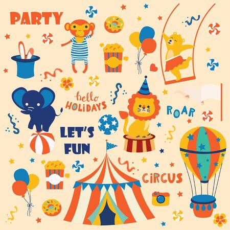 Set of circus party cartoon animalsのイラスト素材
