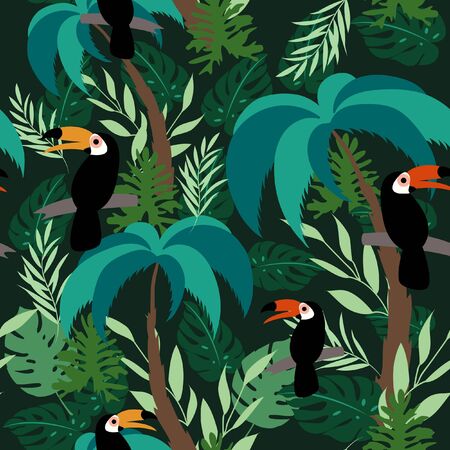 tropical Hornbill bird in green leaves seamless patternのイラスト素材