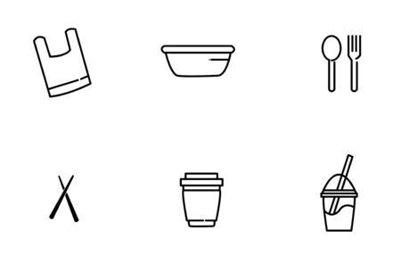 Simple set of single use items in black and white tone related vector outline icons including plastic bag, plastic tube, plastic spoon and fork, plastic chopsticks, plastic cup or bowl and plastic box. (Editable Stroke)のイラスト素材