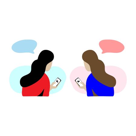 Flat illustration character design of two woman're discussing about business situation and looking a decline line business bar or graph diagram icon with black dropping arrow on their smartphone.のイラスト素材