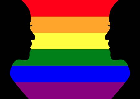 Two women face outline in black on horizontal rainbow flag sexual identity background with space. The pride flag representing LGBT.(lesbian,gay,bisexual,transgender). Human rights and freedom concept.のイラスト素材