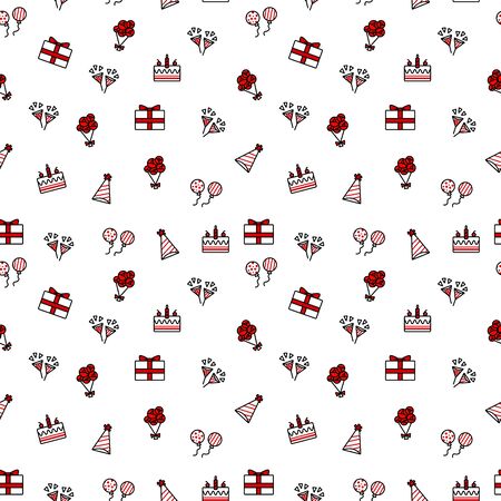 Seamless of hand drawing vector doodle icons set of Birthday or Christmas elements including cake, balloon, gift, party hat, party popper, lollipop, ginger bread and bouquet.のイラスト素材