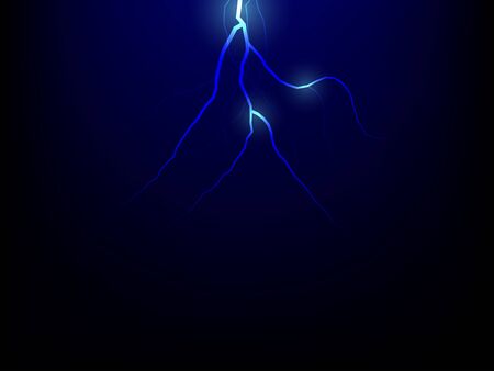 Thunder storm vector realistic lightnings thunderbolt in blue tone on black background, Magic and...