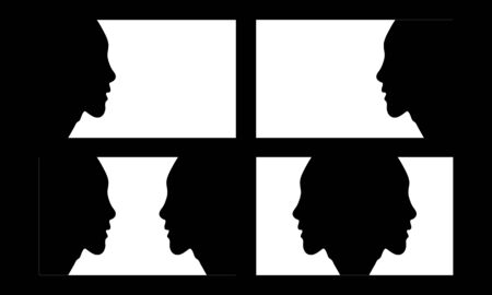 Set of a side view of human avatar face silhouette on black and white background. Side face shape of a man profile with 4 act icon symbol including left, right, face to face, and opposite.のイラスト素材