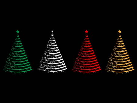 Flat vector illustration icon sign of Christmas trees scribble set are decored with stars and circles on green, red, white, golden color isolated on black background using for Christmas decoration concept.のイラスト素材
