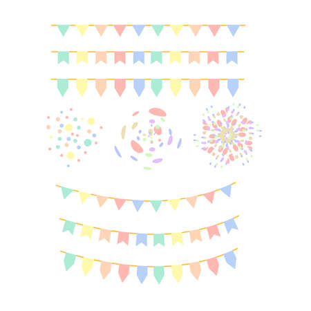 Set of colorful pastel flags, garland, and confetti pattern on white background. Multicolored festival bunting design elements for decoration of greetings cards, invitations, festa junina brazil.のイラスト素材