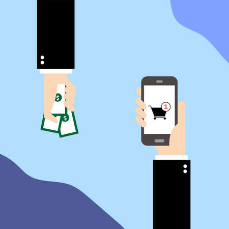 Hand holding smartphone with a cart or basket sign on a screen opposite with hand-holding banknote on the blue background using for bank transfer, online shopping, e-commerce concept.のイラスト素材