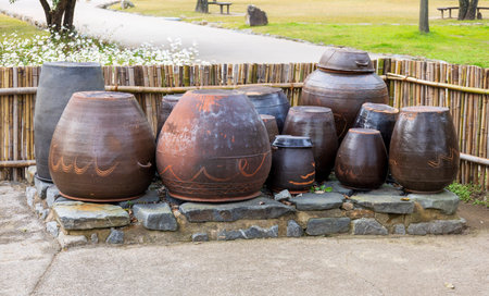Traditional jugs in the gardenの写真素材