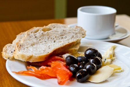 Healthy meal with olive, salmon and cheeseの写真素材