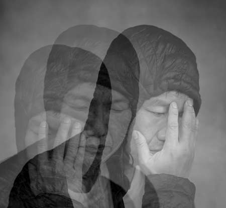Mental health concept, blending three photos of a sad looking man to convey mood of depression or...