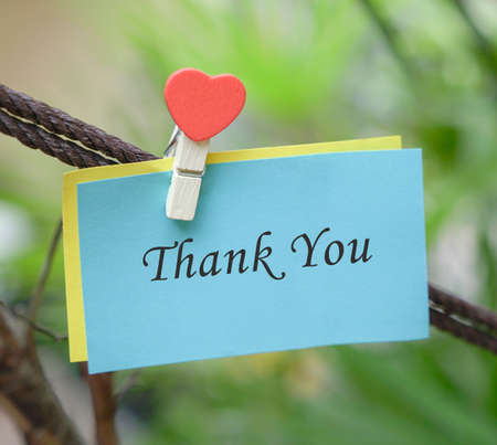 Thank you note in blue, clipped on a rope.の写真素材