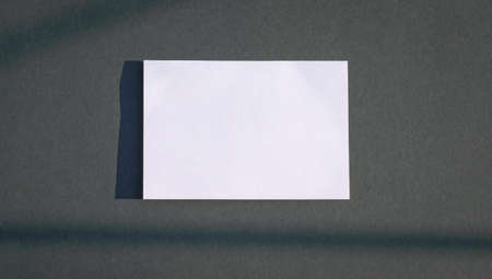 Empty white card with shadows on black background. Copy space.の写真素材