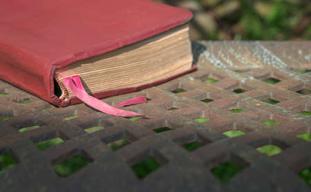 Red brown leather cover book with bookmark ribbon on a steel bench. Copy space.
