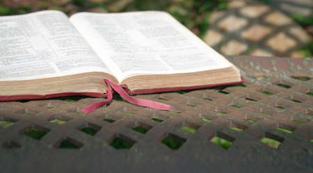 Open bible with red bookmark ribbon on garden bench. Copy space.の写真素材