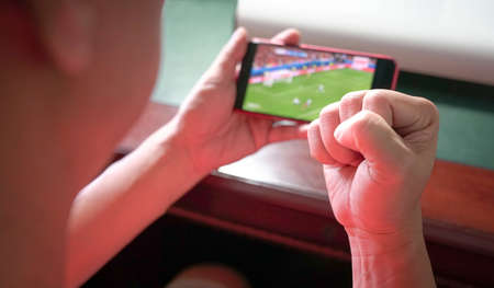Sports fan with fist up in celebration while watching sports streaming on mobile phone. Close up...
