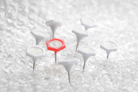 Red thumb tack in the midst of other white thumb tacks. Leadership or stand out concept.