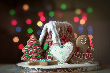 Homemade decorated gingerbread house, tree, woman and heart shape cookies on table with bokeh.
