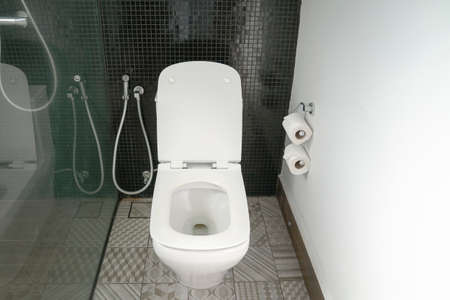 Toilet bowl in hotel bathroom, modern interior.の写真素材