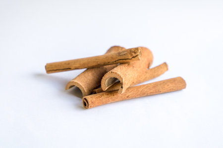 Cinnamon sticks, isolated on white background. Copy space.の写真素材