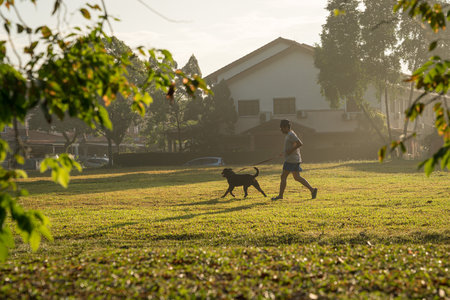 Man running with his pet dog in the field. Healthy lifestyle or summertime concept.の写真素材