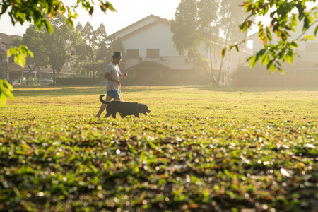 Man walking with his pet dog in the field. Healthy lifestyle or summertime concept.の写真素材
