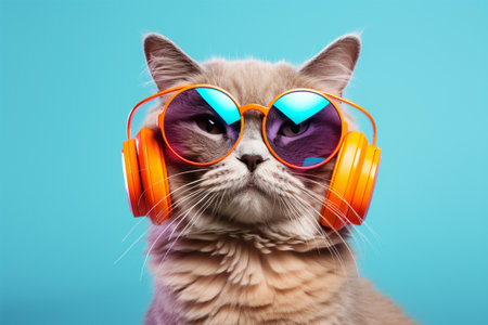 Portrait of a cool cat wearing sunglasses and headphones. Light blue background.の素材