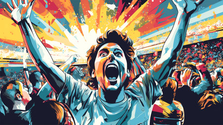 Excited fans inside a stadium, pop art illustration.の素材