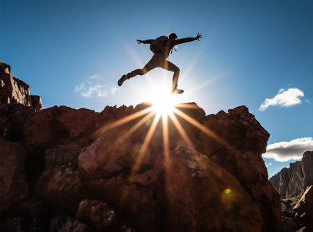 Man jumping on top of mountain during sunrise. Achievement or success concept.の素材