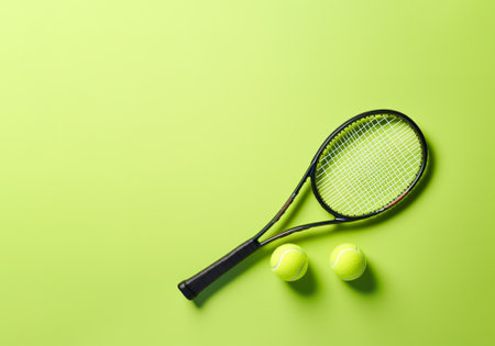 Tennis racquet and two balls on green background. Copy space. Top view.の素材