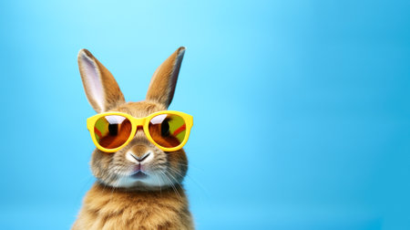 Portrait of rabbit with yellow color sunglasses. On light blue background, copy space.の素材